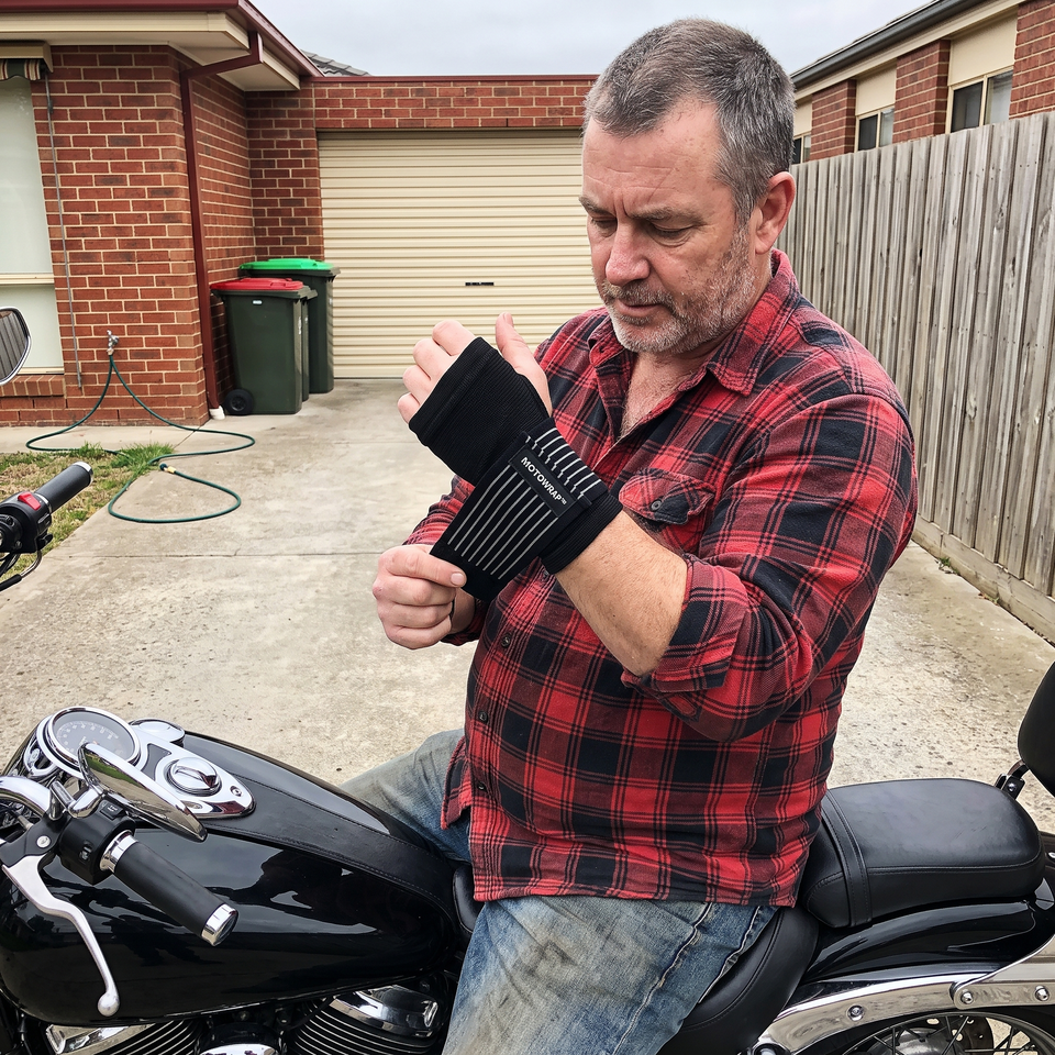 Rider tightening a MotoWrap before a ride