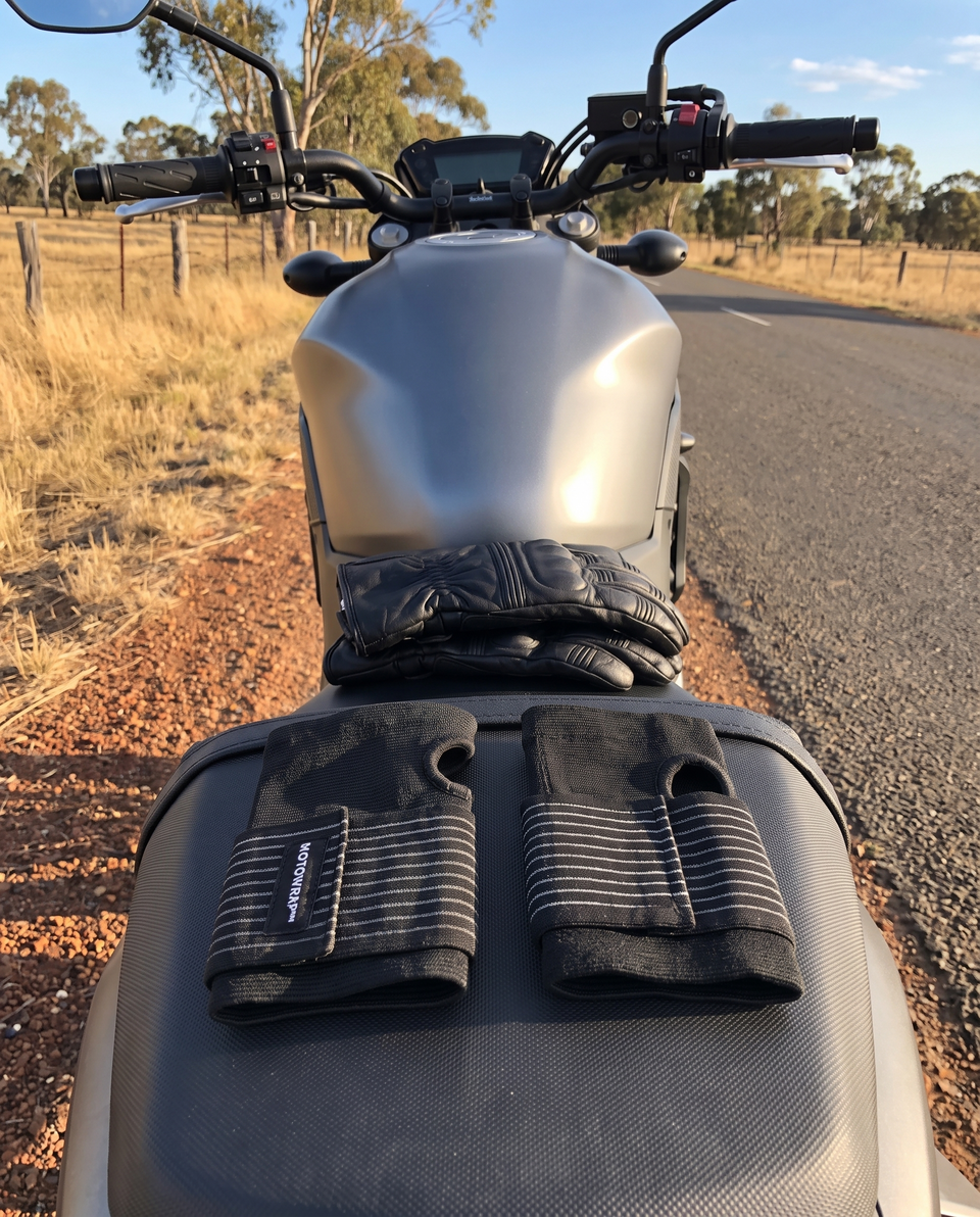A pair of MotoWrap wrist supports on a motorcycle seat