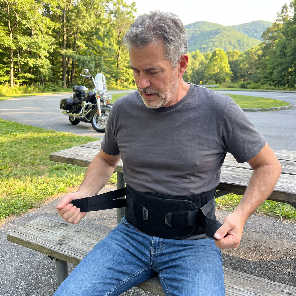 Rider fastening MotoSupport at a picnic table on a ride stop