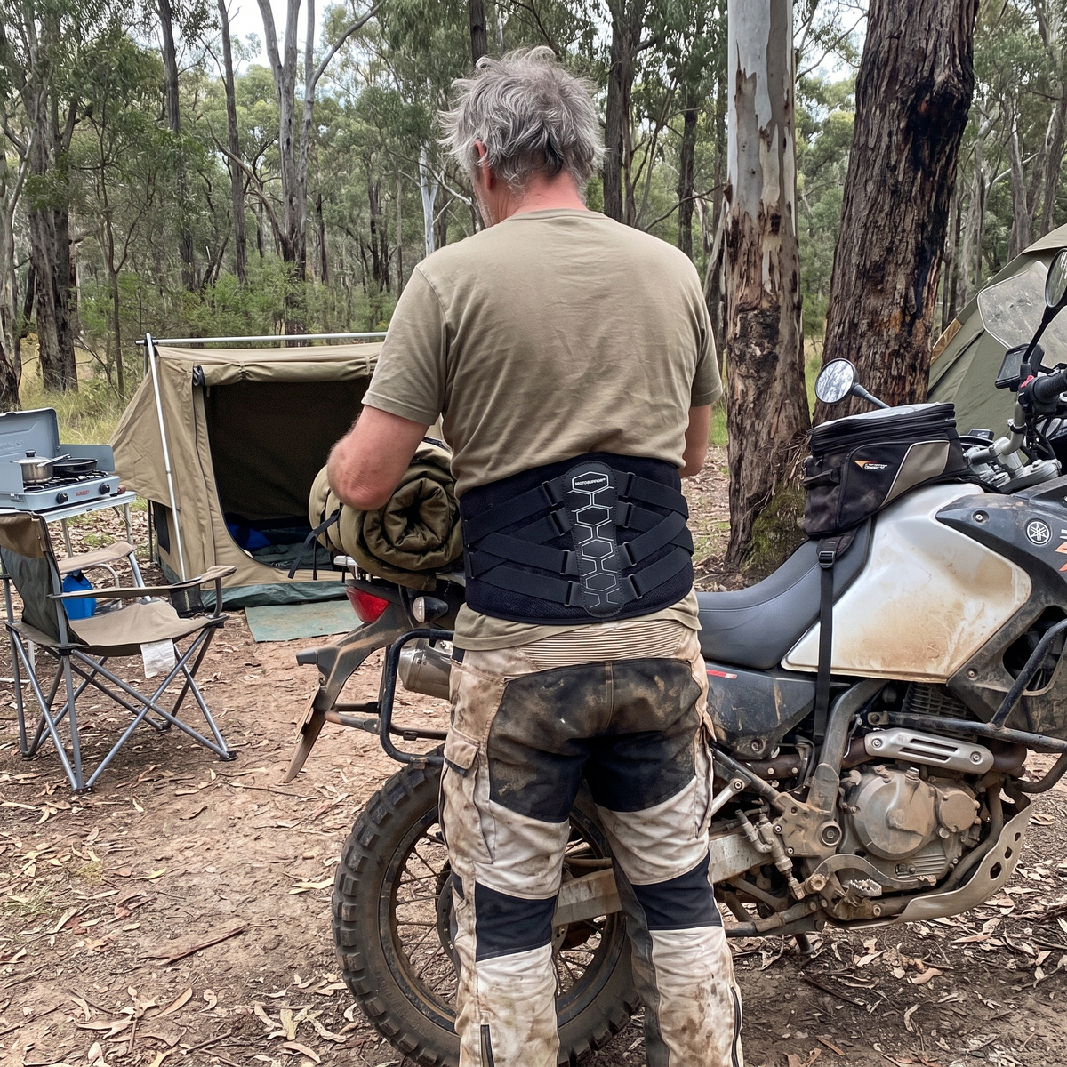 Rider strapping a swag to his bike at a bush camp wearing MotoSupport