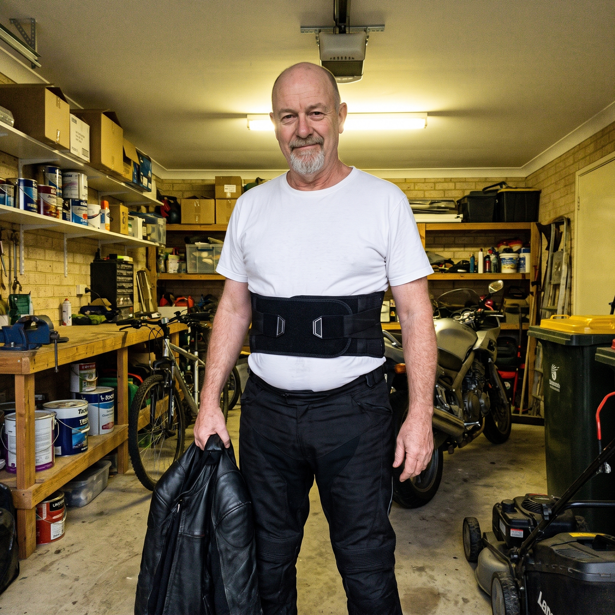 Rider in his garage wearing MotoSupport over a T-shirt, jacket in hand
