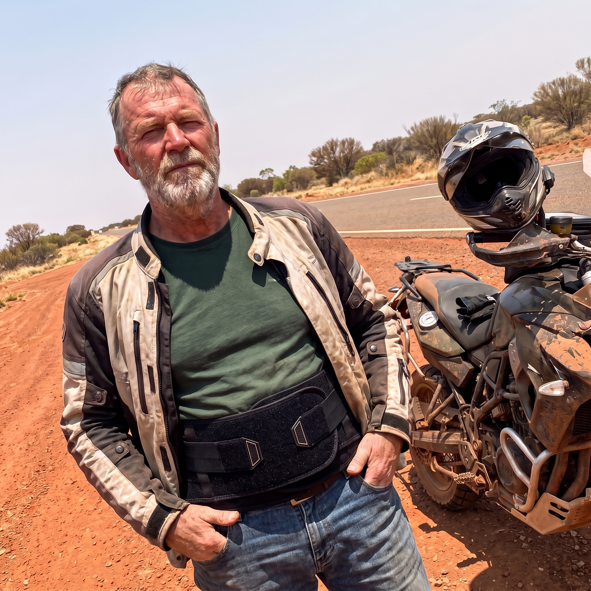 Rider on an outback road with MotoSupport worn under his open riding jacket