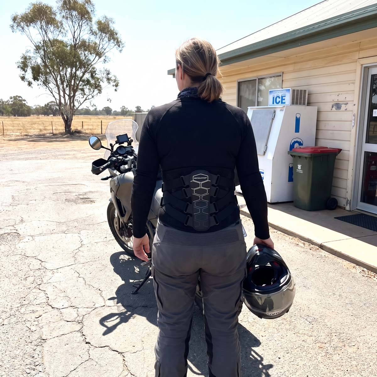 Rider standing by her bike outside a roadhouse wearing MotoSupport, seen from behind