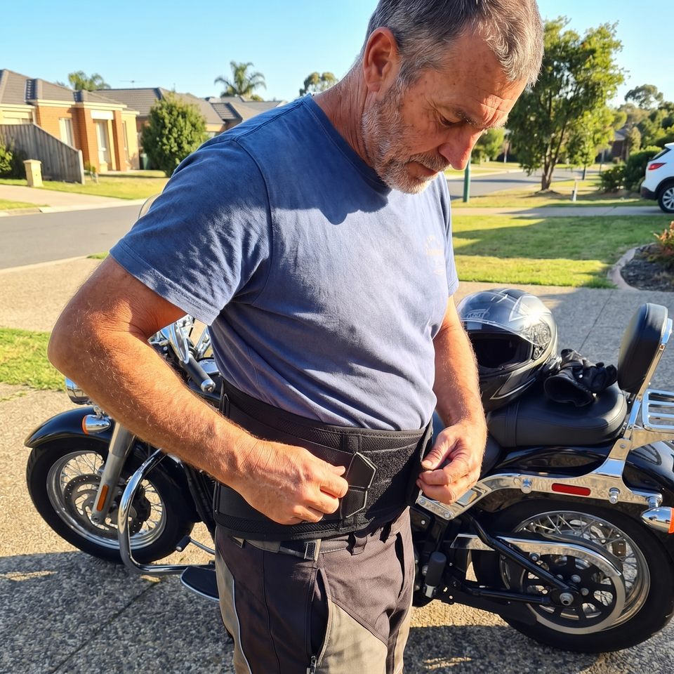 Rider fastening MotoSupport beside his bike