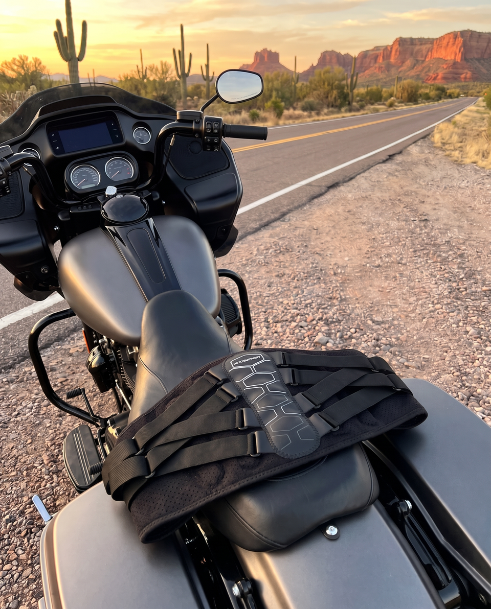 MotoSupport lying on a motorcycle seat by a desert highway