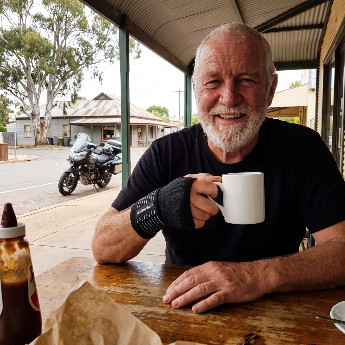 Rider with a mug at a country bakery table wearing a MotoWrap wrist support