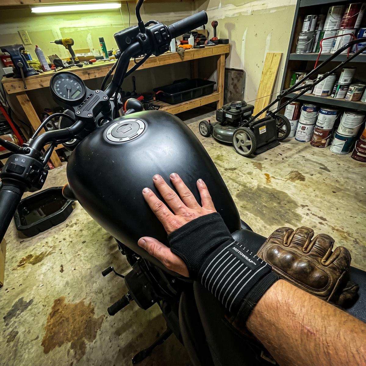 MotoWrap wrist support on a hand resting on a motorcycle tank in a garage