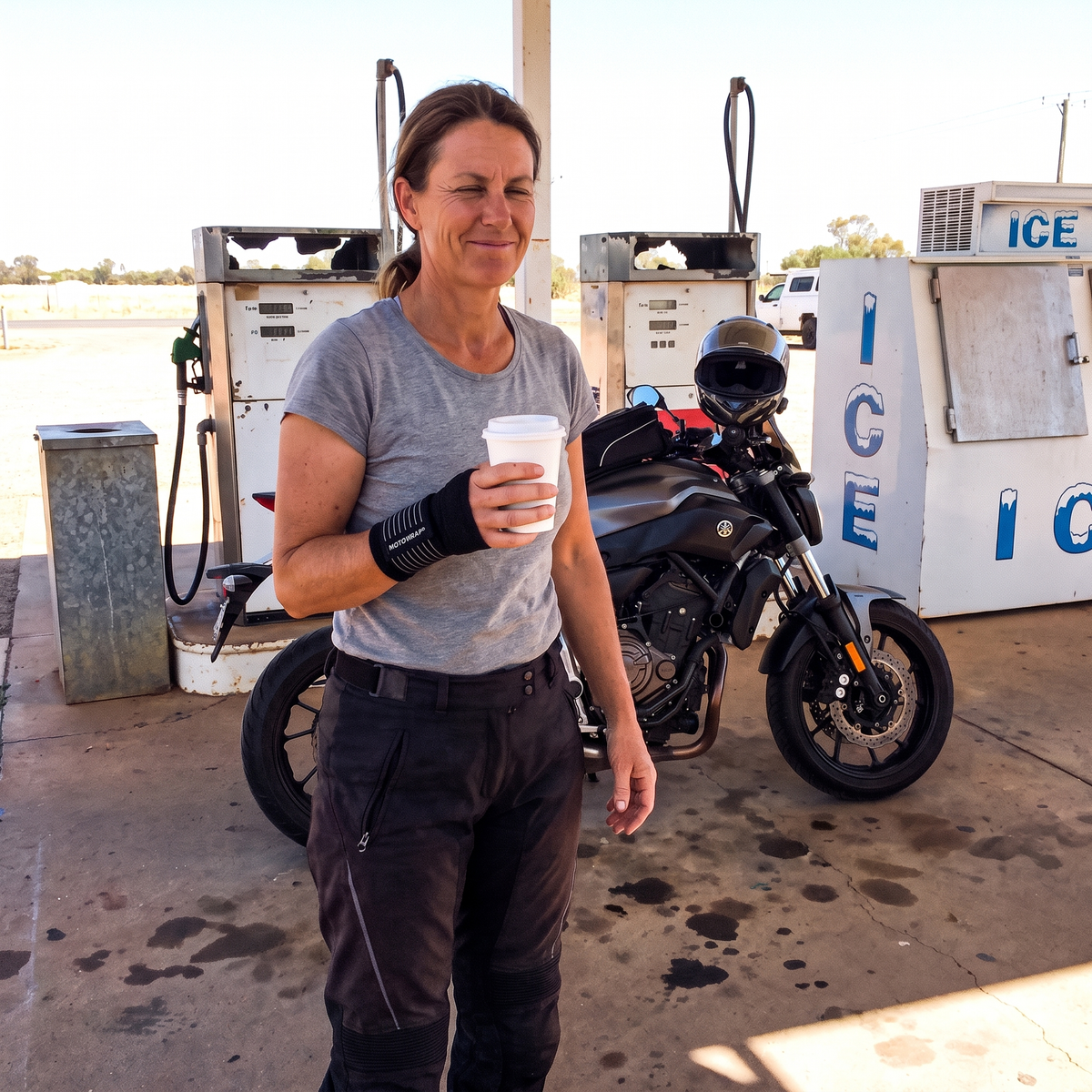 Rider with a coffee at a service station wearing a MotoWrap wrist support