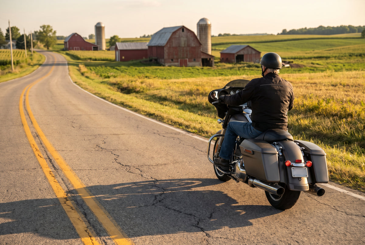 Rider on a country road through farmland