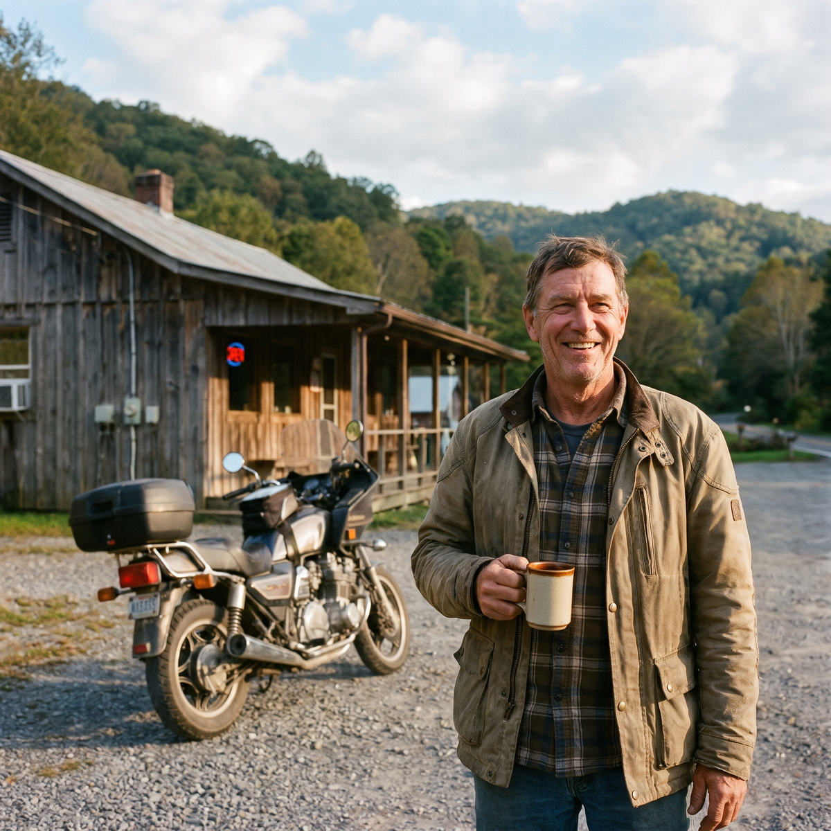 Rider with a coffee outside a mountain diner