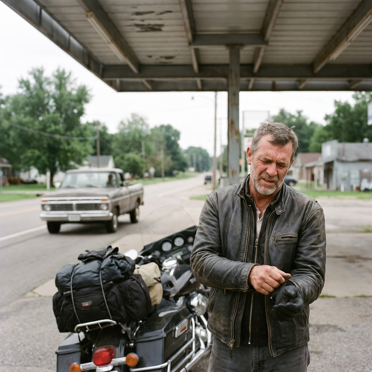 Rider at a gas station working his wrist