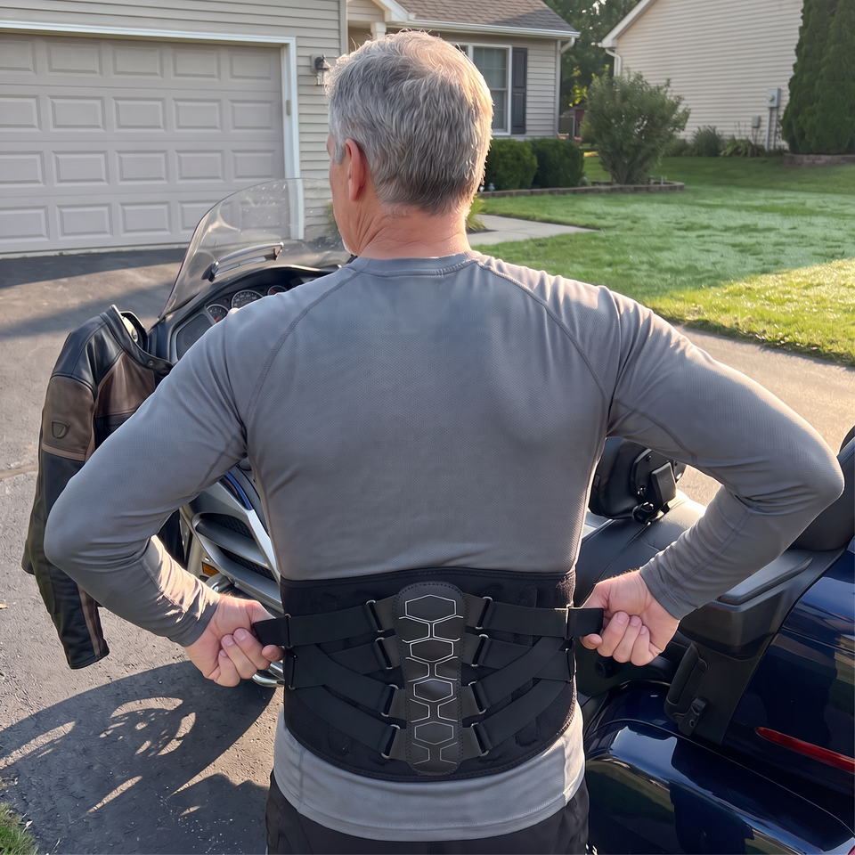 Rider tightening MotoSupport straps in his driveway