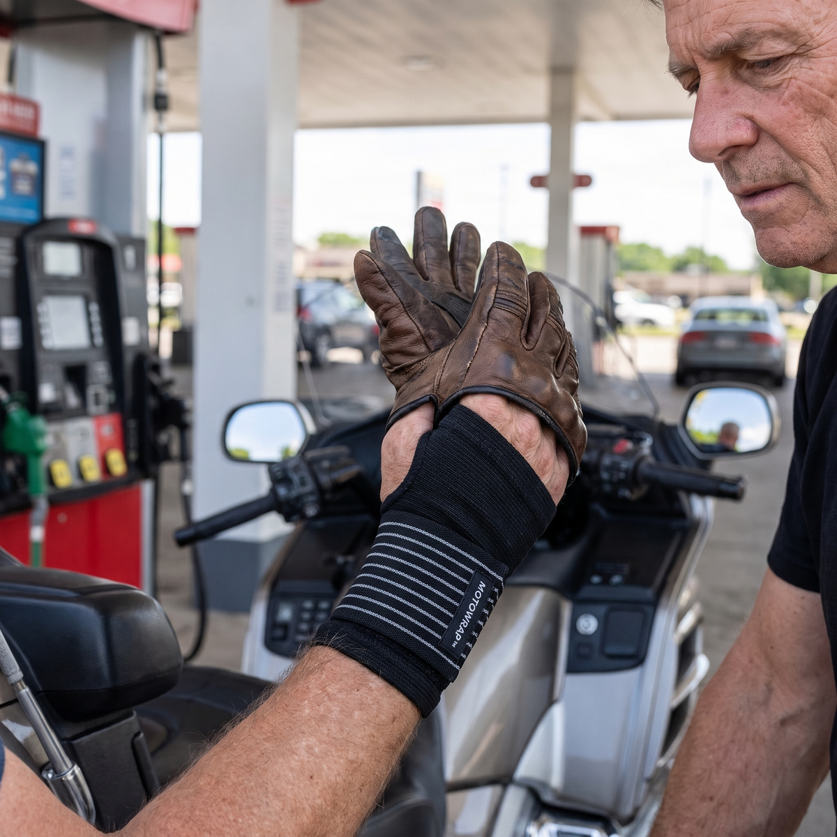 Rider pulling his glove on over MotoWrap at a gas station