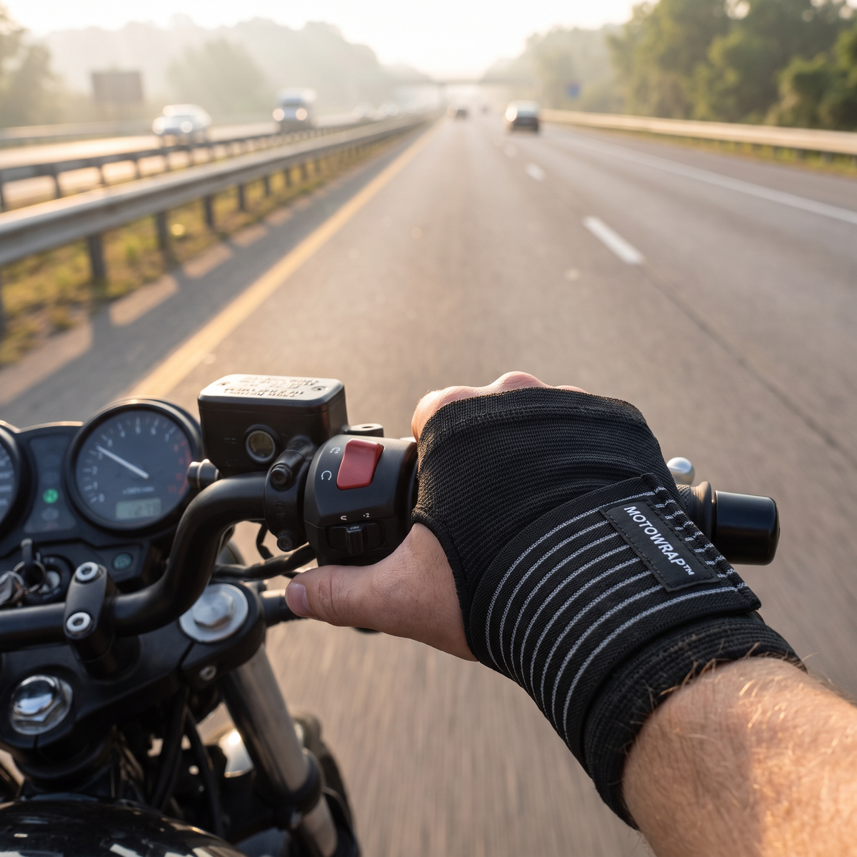 Rider's hand wearing MotoWrap on the throttle on an American highway