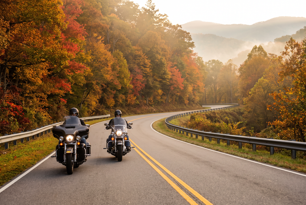 Two riders on touring motorcycles on a mountain road in autumn