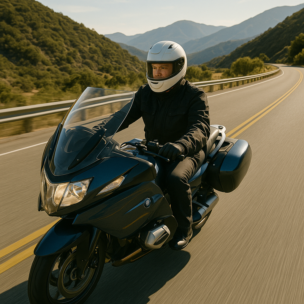Rider on a touring motorcycle on a mountain road